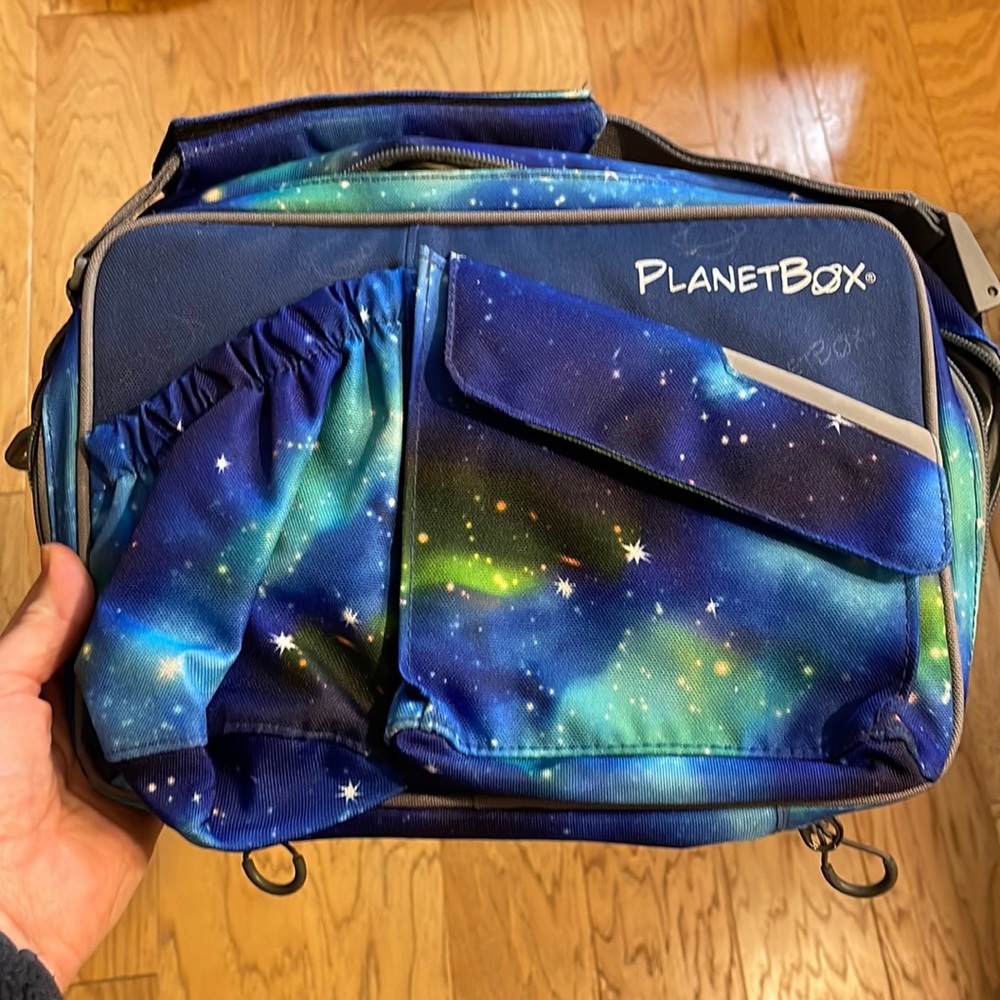 PlanetBox Insulated Lunch Bag, 9 x 12 x 2.5 inches blue and green Galaxy print